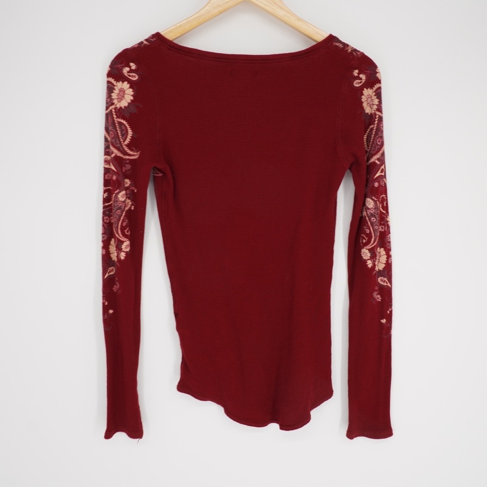 Vtg Y2K Lucky Brand Waffle Knit Thermal Top M Burgundy Long Sleeve Floral Grunge - Picture 2 of 12